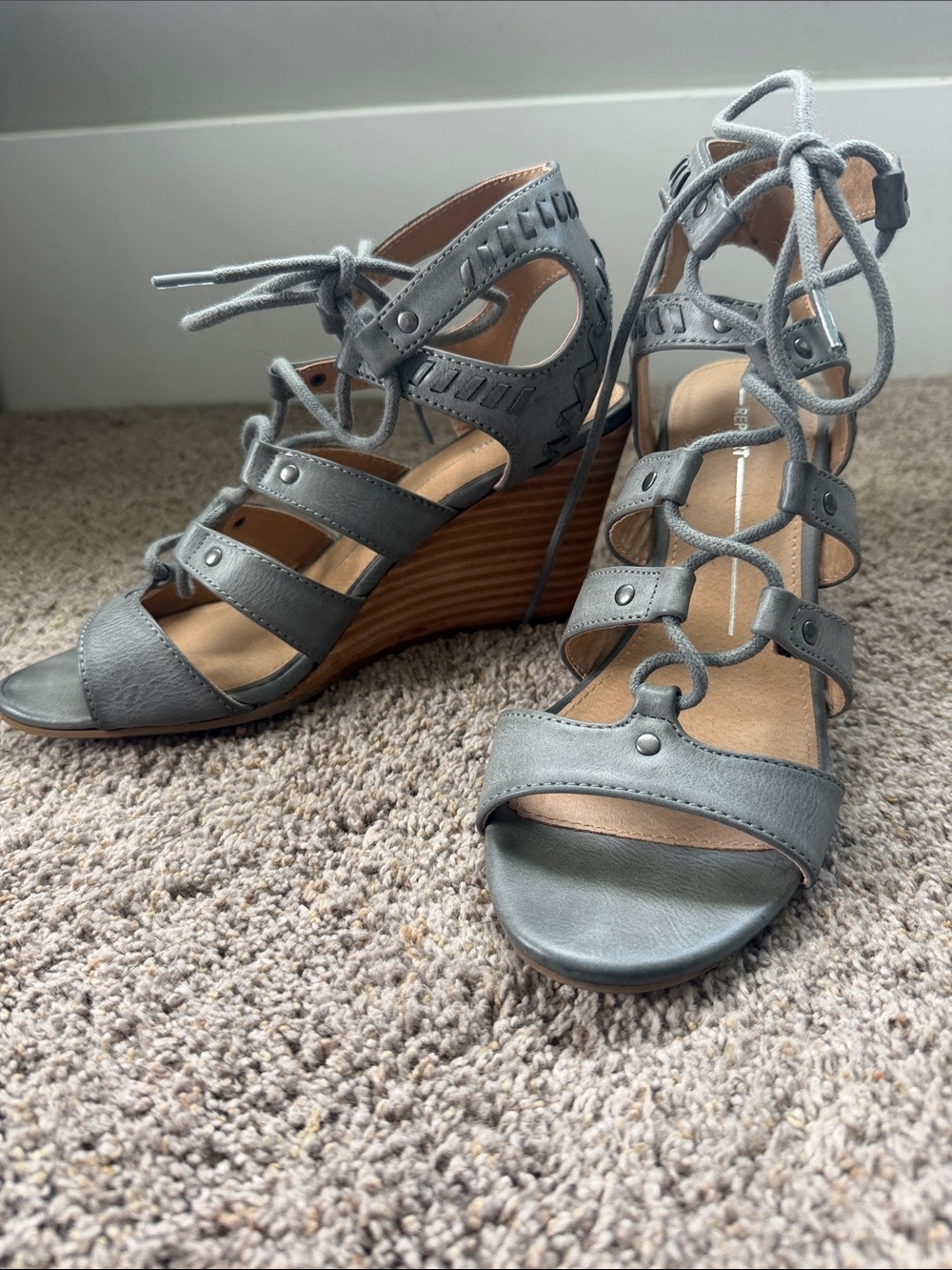 Report Gray Lace-Up Strappy Wedge Sandals